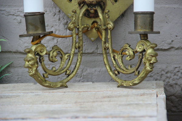 Antique French pair bronze wall lights sconces gothic castle lion devil head
