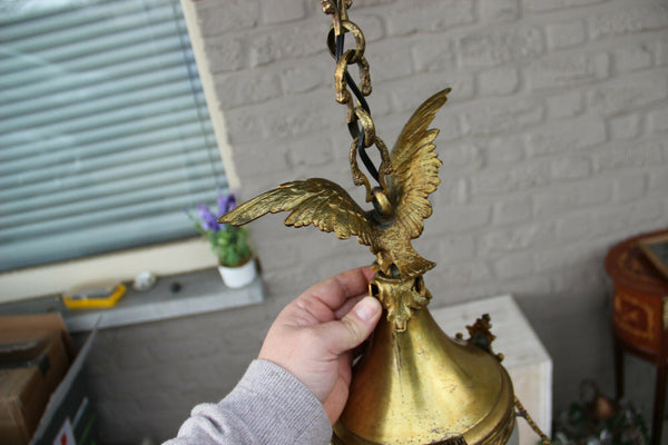 Antique French Bronze eagle putti angel portrait lantern chandelier lamp 1900