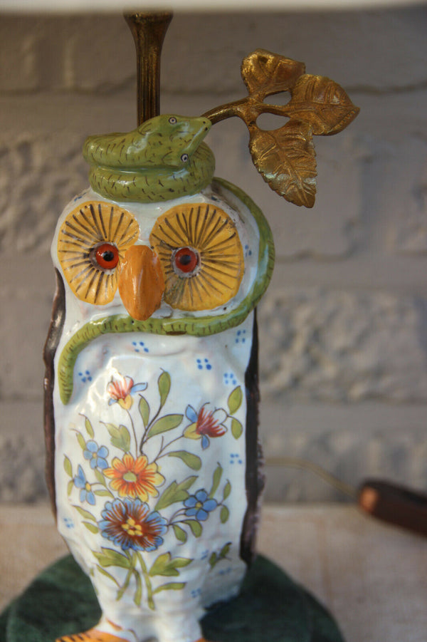PAIR french hollywood regency rouen Ceramic polychrome owl Figurine table lamps