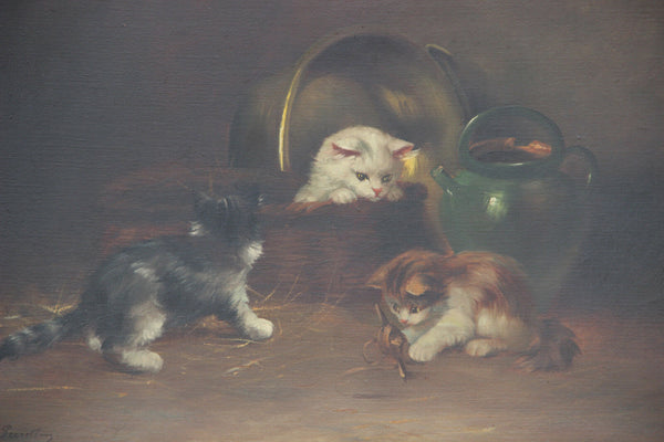 Top british artist E perretton (XIX) oil canvas kittens playing painting signed
