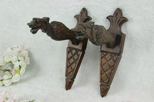 Antique French PAIR wood carved castle gothic dragon gargoyle Wall lights sconce