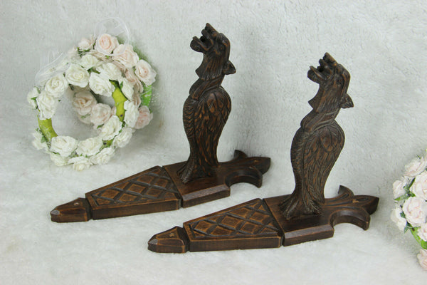 Antique French PAIR wood carved castle gothic dragon gargoyle Wall lights sconce