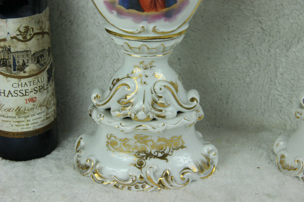 Rare XL Antique french Vieux PARIS porcelain religious altar Jesus Mary Vases