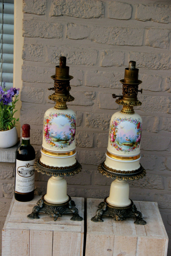PAIR french antique Oil Lamps porcelain hand paint duck bird marked Rare
