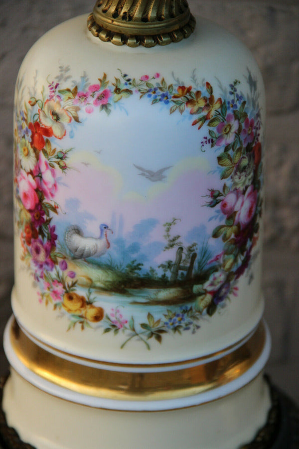 PAIR french antique Oil Lamps porcelain hand paint duck bird marked Rare