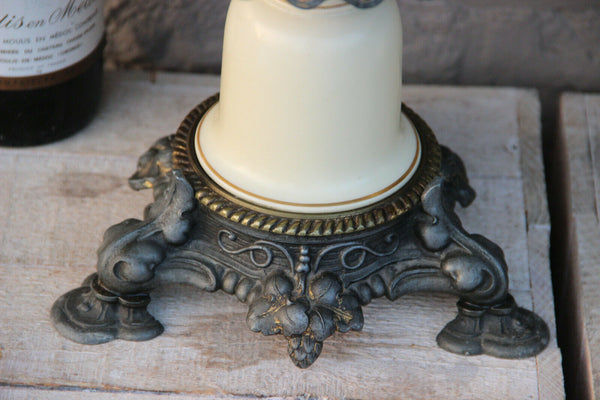 PAIR french antique Oil Lamps porcelain hand paint duck bird marked Rare