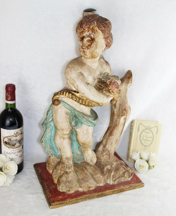 Italian Baroque Angel putti holding horn Wood carved polychrome statue sculpture