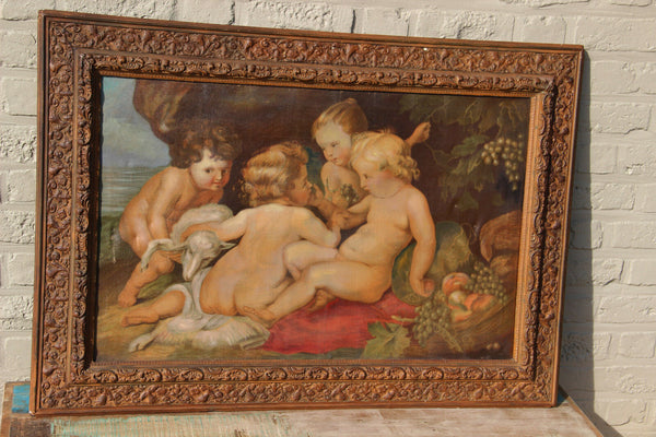 HUGE Flemish oil canvas 1920's Putti group baby jesus lamb religious painting
