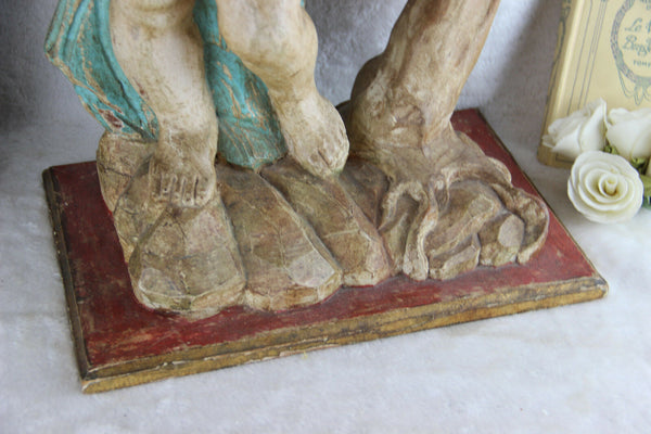 Italian Baroque Angel putti holding horn Wood carved polychrome statue sculpture