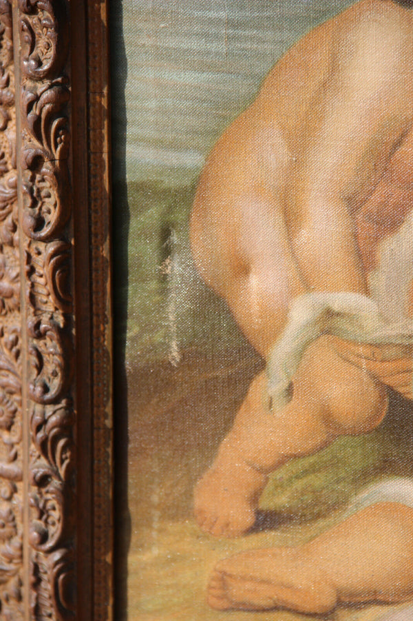 HUGE Flemish oil canvas 1920's Putti group baby jesus lamb religious painting