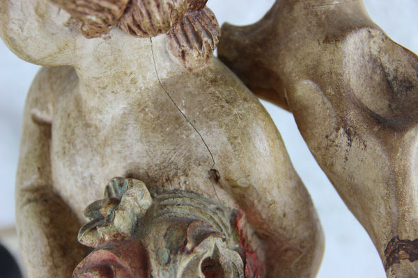 Italian Baroque Angel putti holding horn Wood carved polychrome statue sculpture
