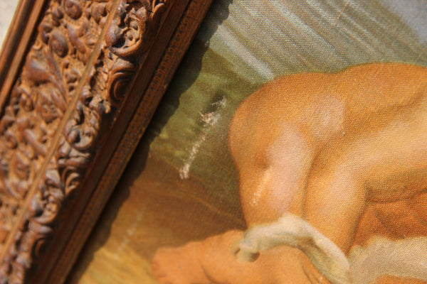 HUGE Flemish oil canvas 1920's Putti group baby jesus lamb religious painting