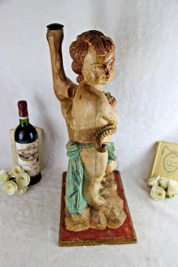 Italian Baroque Angel putti holding horn Wood carved polychrome statue sculpture