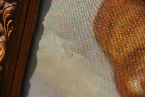 HUGE Flemish oil canvas 1920's Putti group baby jesus lamb religious painting