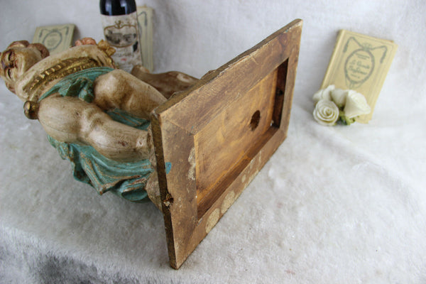 Italian Baroque Angel putti holding horn Wood carved polychrome statue sculpture