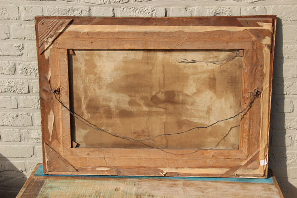 HUGE Flemish oil canvas 1920's Putti group baby jesus lamb religious painting