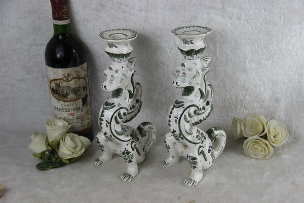 PAIR antique french faience Dragon lions gothic Candleholder / lamp griffin
