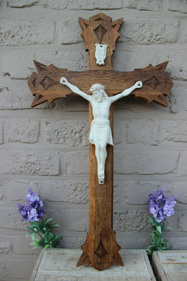 Antique french wood carved crucifix cross porcelain bisque christ religious