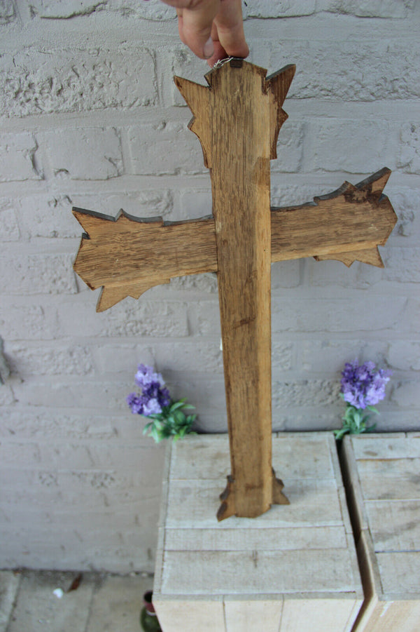 Antique french wood carved crucifix cross porcelain bisque christ religious