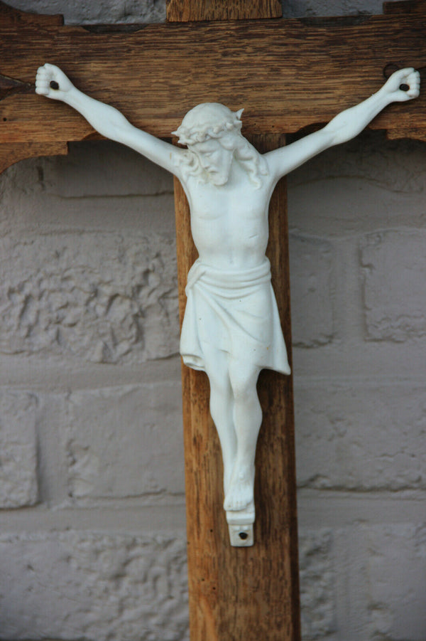 Antique french wood carved crucifix cross porcelain bisque christ religious