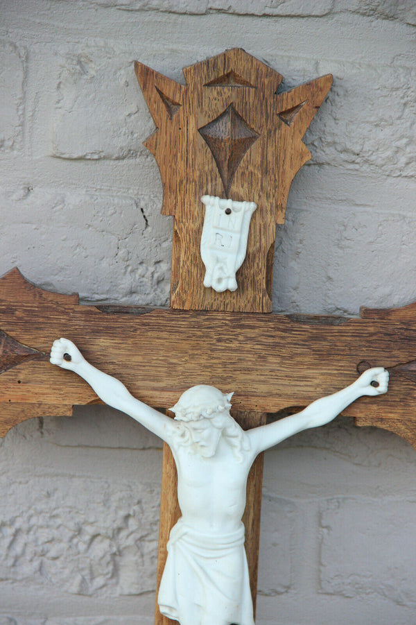Antique french wood carved crucifix cross porcelain bisque christ religious