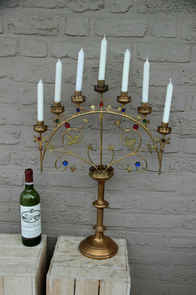 XL French religious church altar brass Candelabra Candle holder glass stones