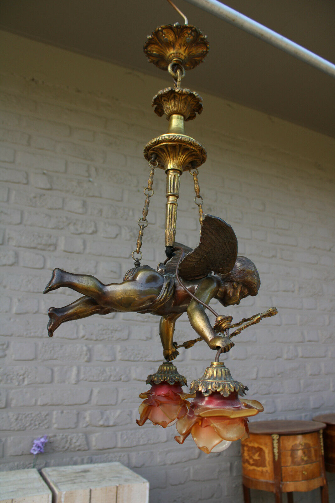 Antique XL French bronze angel putti Chandelier pendant lamp amber glass rare