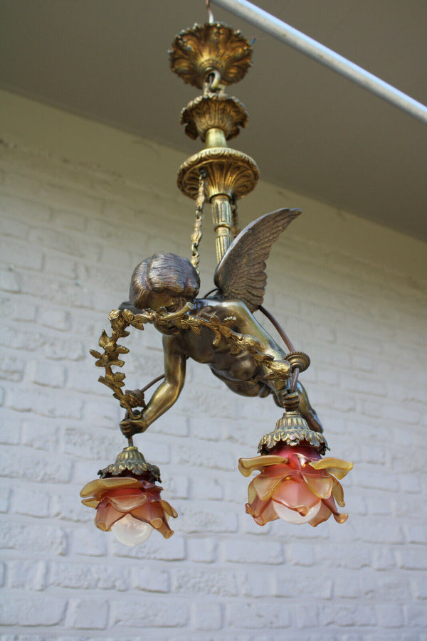 Antique XL French bronze angel putti Chandelier pendant lamp amber glass rare