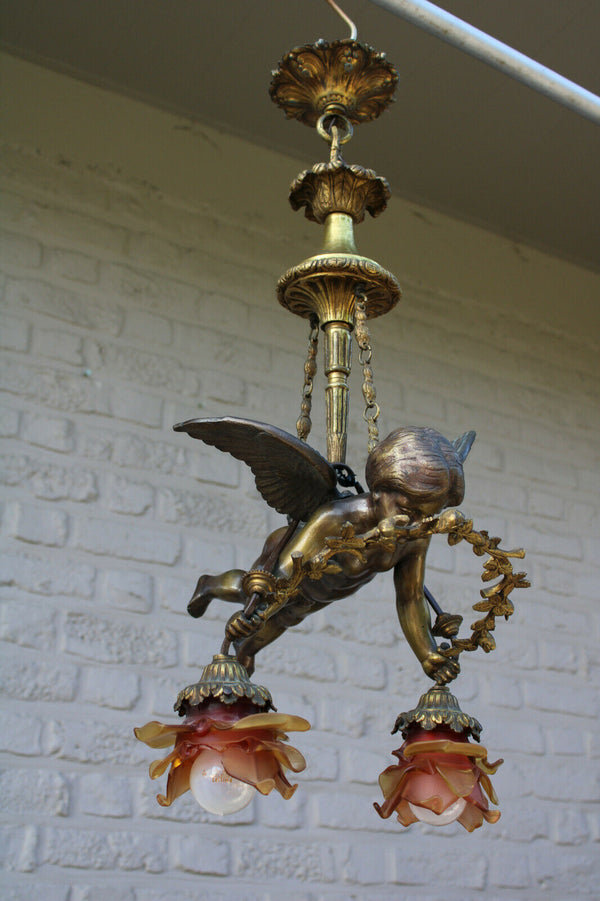 Antique XL French bronze angel putti Chandelier pendant lamp amber glass rare