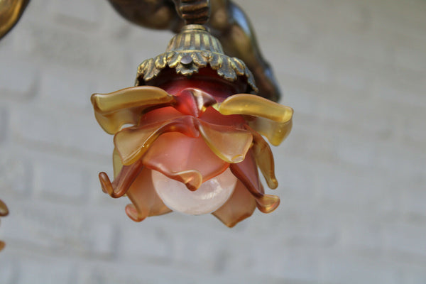 Antique XL French bronze angel putti Chandelier pendant lamp amber glass rare
