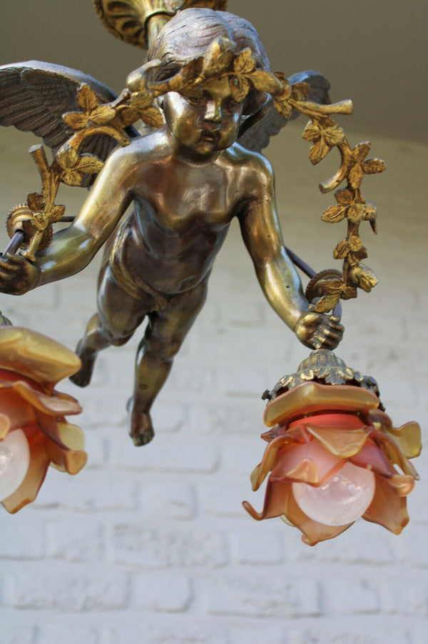 Antique XL French bronze angel putti Chandelier pendant lamp amber glass rare