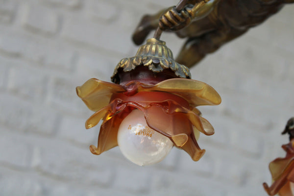 Antique XL French bronze angel putti Chandelier pendant lamp amber glass rare