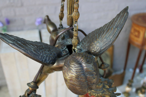 Antique XL French bronze angel putti Chandelier pendant lamp amber glass rare