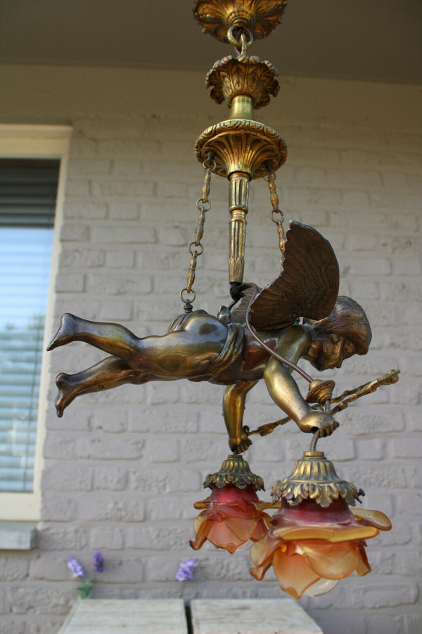 Antique XL French bronze angel putti Chandelier pendant lamp amber glass rare