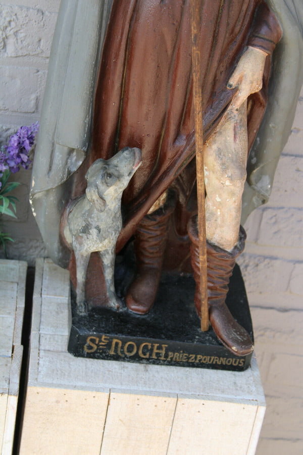 Antique XL French rare top religious figurine statue Saint ROCH dog signed