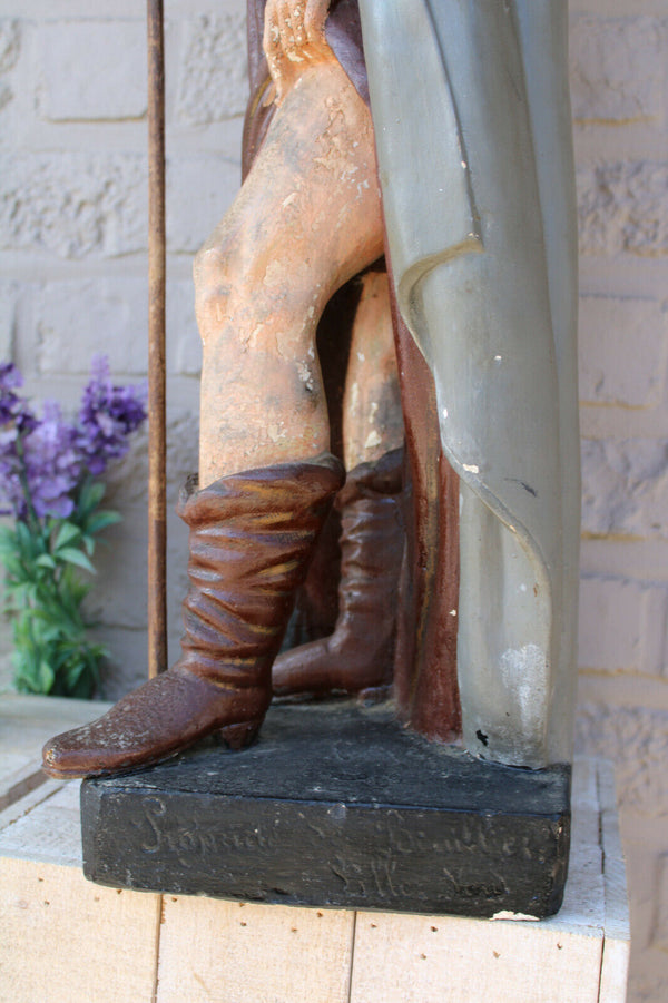 Antique XL French rare top religious figurine statue Saint ROCH dog signed