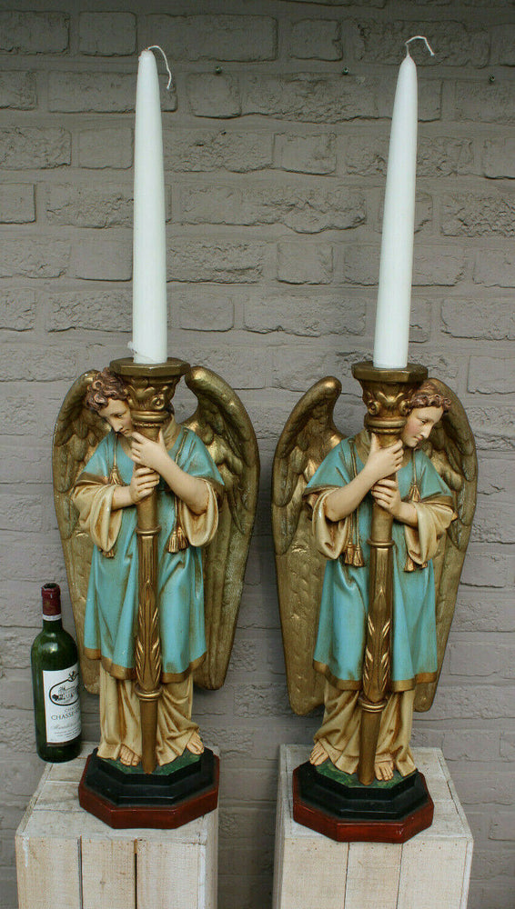 PAIR XL antique church altar archangel figurine statue candle holder 19thc chalk