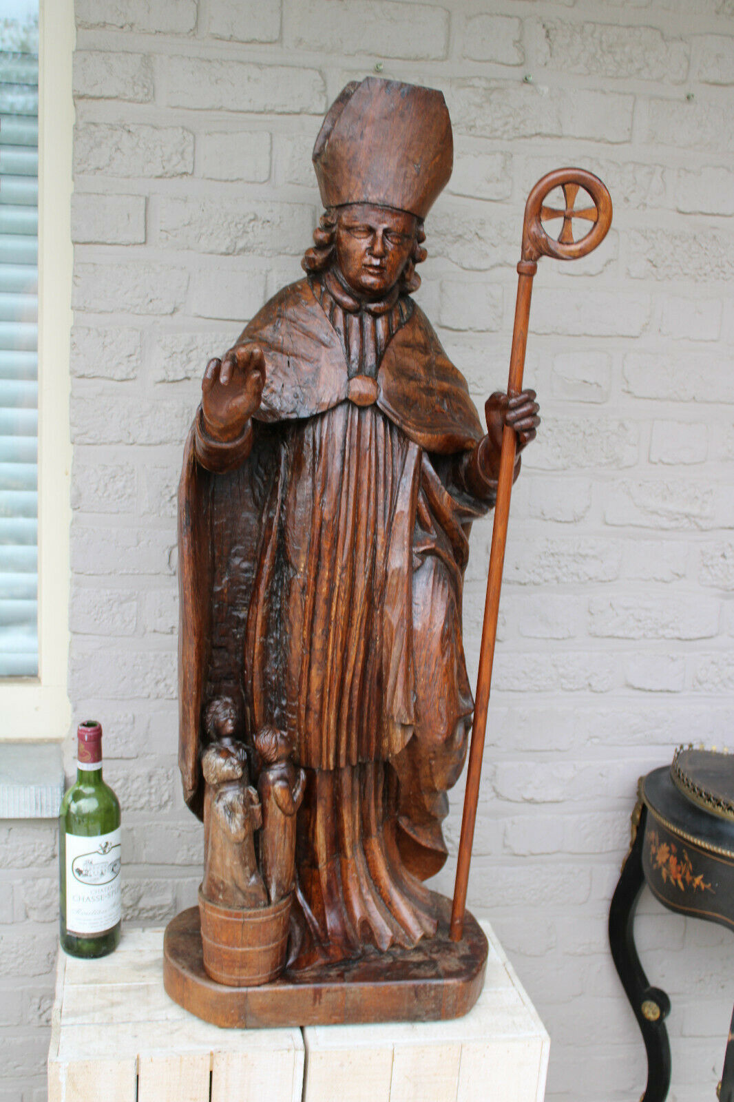 41" Religious Wood carved Saint NICHOLAS Children Statue church rare 1800s