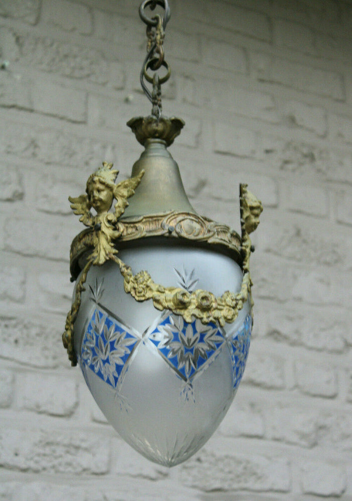 Antique Bronze putti angel val saint lambert crystal shade lantern chandelier