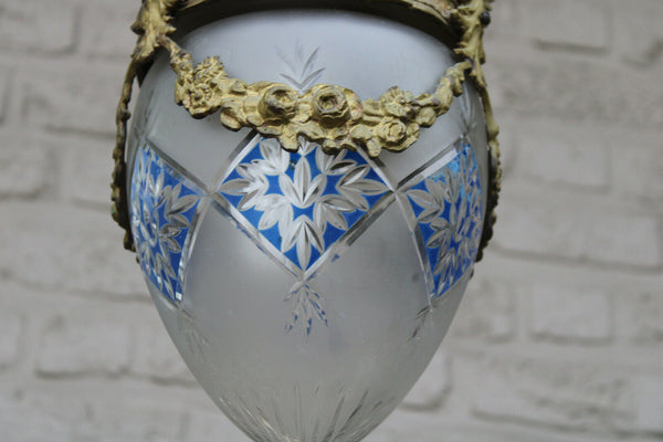 Antique Bronze putti angel val saint lambert crystal shade lantern chandelier