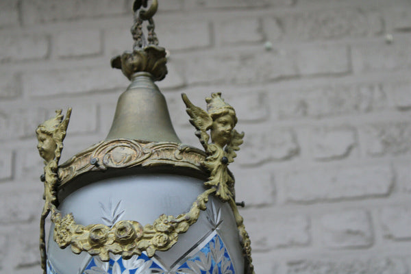 Antique Bronze putti angel val saint lambert crystal shade lantern chandelier