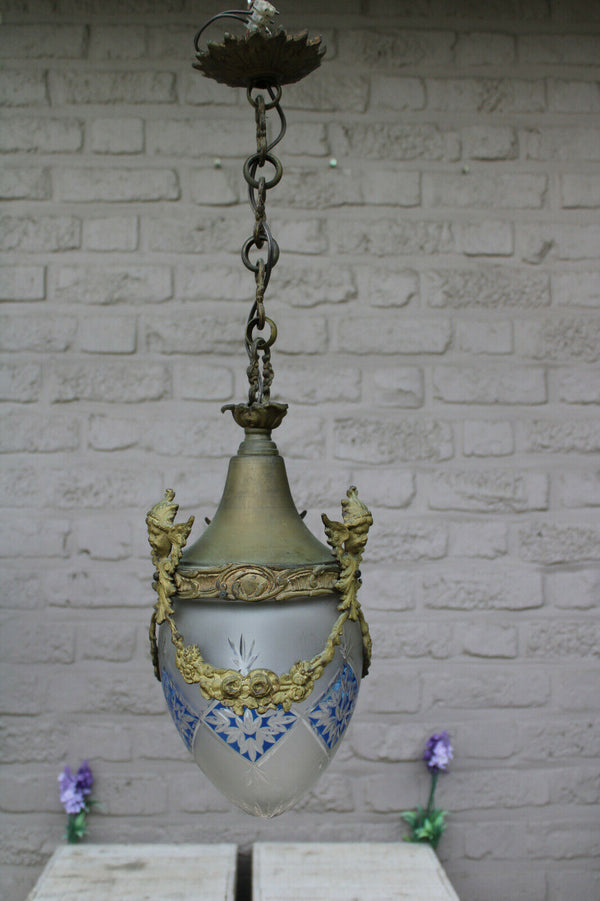 Antique Bronze putti angel val saint lambert crystal shade lantern chandelier