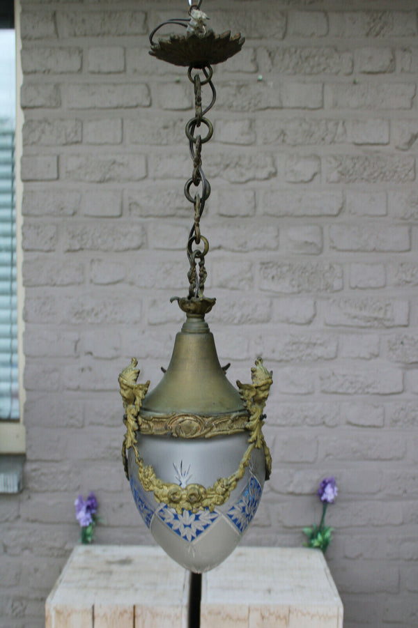 Antique Bronze putti angel val saint lambert crystal shade lantern chandelier