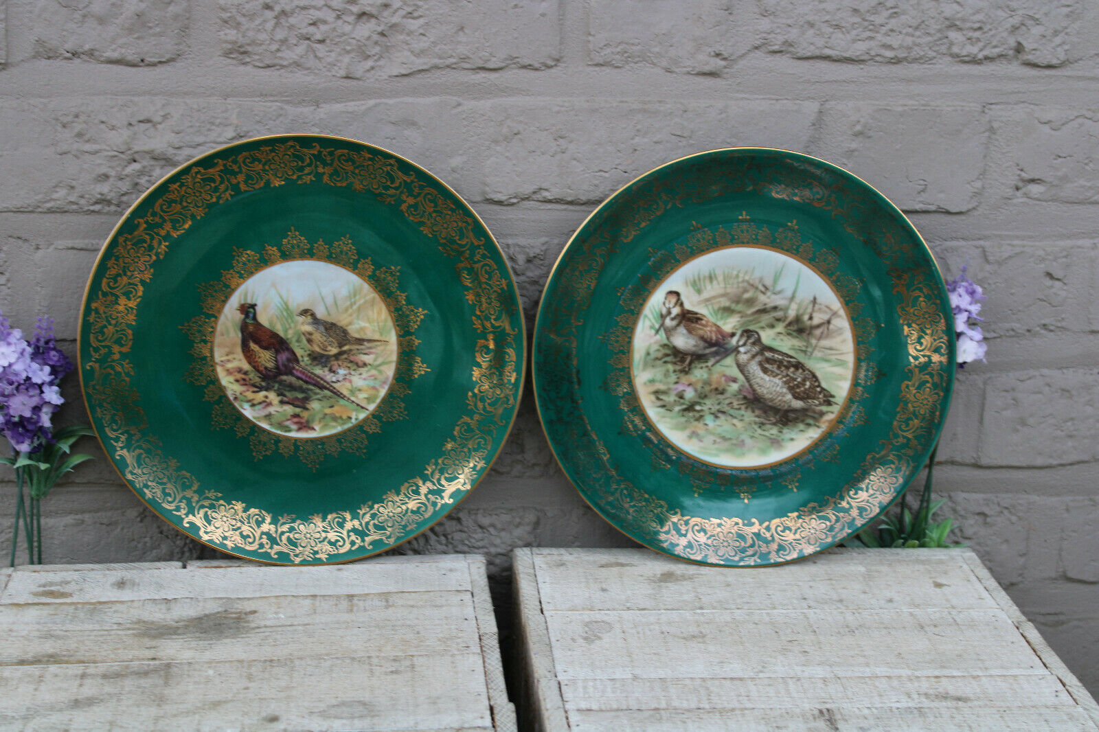PAIR German bavaria animal partridge bird plates porcelain marked