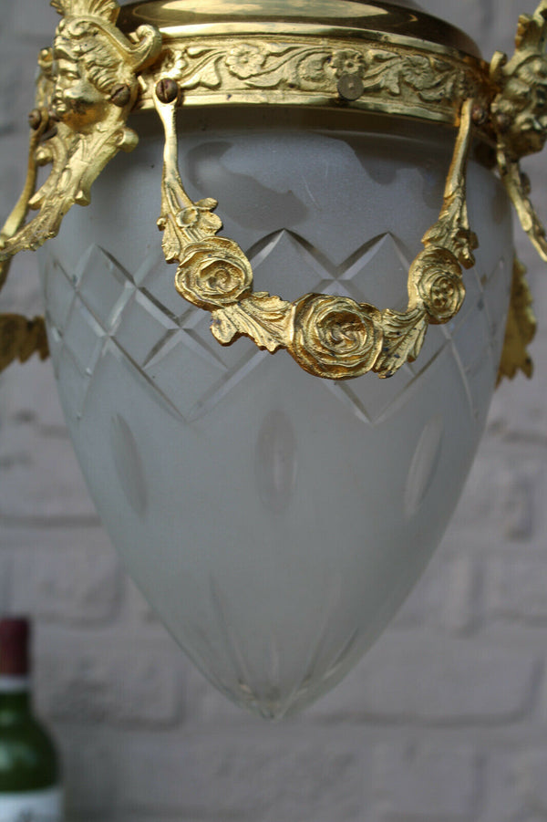 French lantern brass putti angel heads val saint lambert crystal chandelier lamp