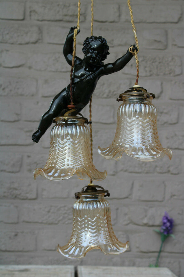 Antique French spelter bronze putti angel 3 shade pendant lamp chandelier
