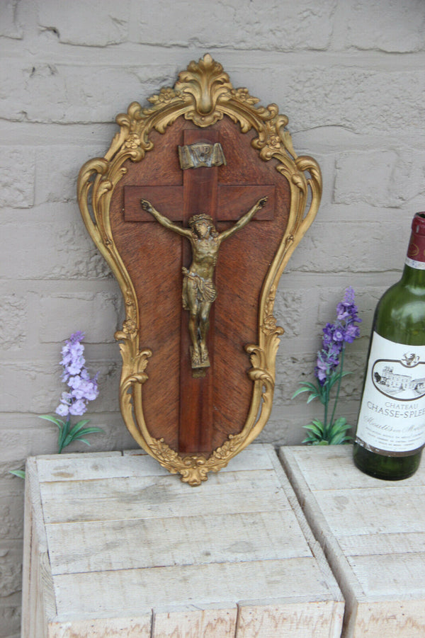 Antique French bronze wood Communion gift 1919 Cross crucifix religious