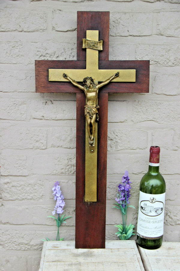 XL Antique French bronze wood church crucifix Cross religious