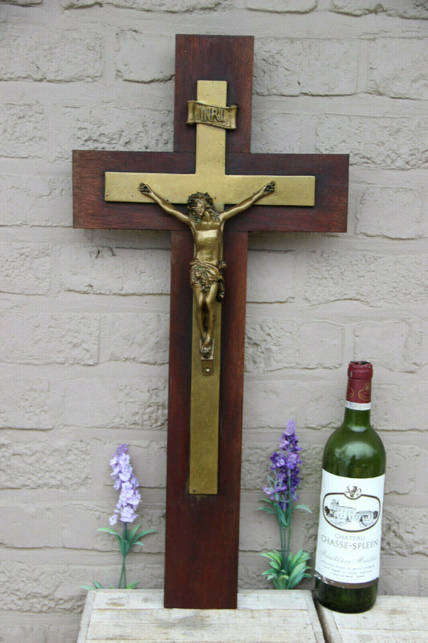 XL Antique French bronze wood church crucifix Cross religious