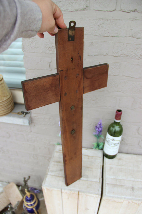 XL Antique French bronze wood church crucifix Cross religious